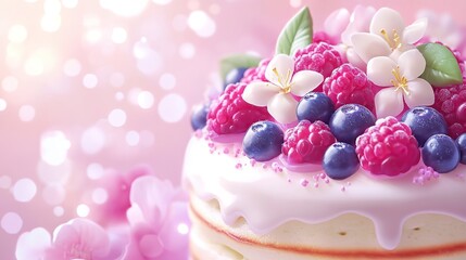 Delicious cake decorated with raspberries, blueberries, and white flowers.