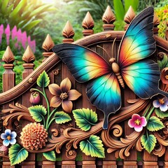 Ornate Wooden Fence Decorated with Colorful Butterfly and Floral Patterns