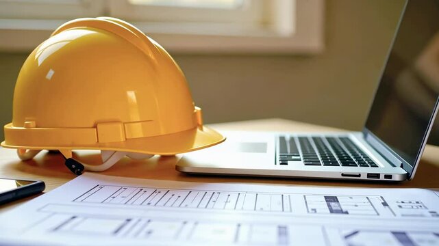 A yellow hard hat beside a laptop and blueprints on a desk, indicating construction work.