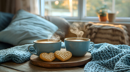 Cozy Winter Morning Valentine Tea and Heart Cookies in a Rustic Kitchen Setting