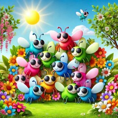 Smiling Cartoon Bees Gathered in a Sunny Garden Full of Flowers