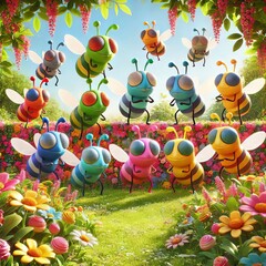 Colorful Cartoon Bees Playing in Vibrant Garden with Blooming Flowers