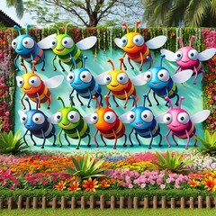 Cheerful Cartoon Bees on Vibrant Garden Background with Colorful Flowers