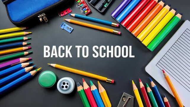 Colorful stationary items arranged on a desk, highlighting preparation for back to school season with a creative and organized setup