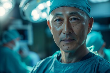 Focused surgeon in scrubs prepares for a critical operation in a bright surgical room.