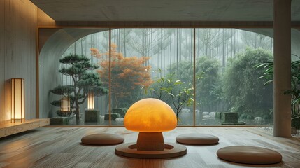 A mushroom-shaped lamp in a beautiful meditation room background