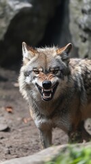 Obraz premium A close-up of a snarling wolf showcasing its fierce expression in a natural setting.