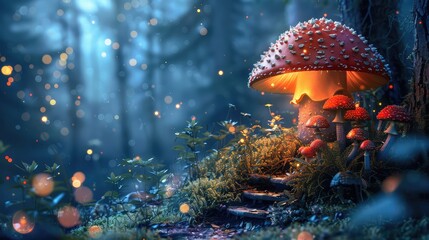 a mushroom-shaped lamp on a beautiful outdoor adventure background
