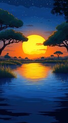 African Sunset Over Water Reflection with Silhouettes and Stars, Generated AI