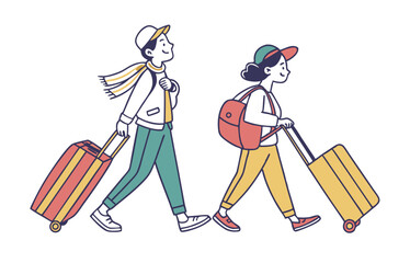 people holding suitcases, line style characters,  travel material ,vector graphics