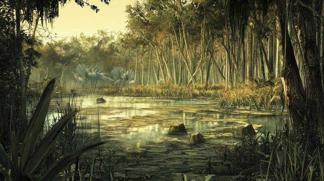 Swamp dinosaurs sunrise tranquil forest background game