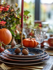 Naklejka premium Vibrant Fall Table Decor with Pumpkins, Acorn Decorations, and Rich Autumn Colors