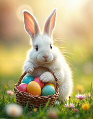 Osterhase mit Korb voller bunter Eier &ndash; Perfektes Postkartenmotiv f&uuml;r Ostern, Easter Bunny with a Basket Full of Colorful Eggs &ndash; Perfect Easter Postcard Design