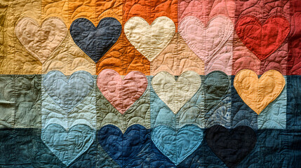 Colorful Handmade Quilted Art for Valentine's Day with Heart Motifs and Warm Tones