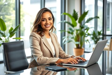 Businesswoman working on laptop in modern office.