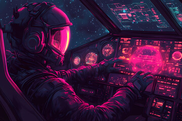 pilot navigating a radiant holographic aircraft through a virtual galaxy