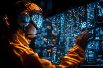 pilot navigating a radiant holographic aircraft through a virtual galaxy