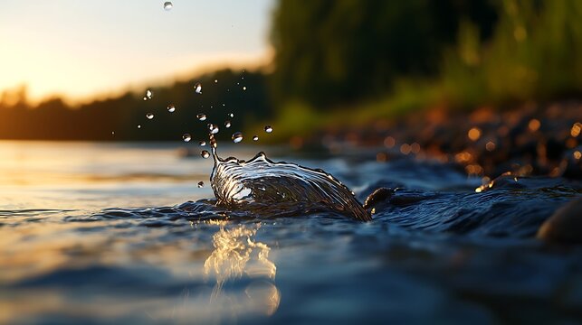 Sunset river splash, nature scene, rocky shore, calm water, background forest - Powered by Adobe
