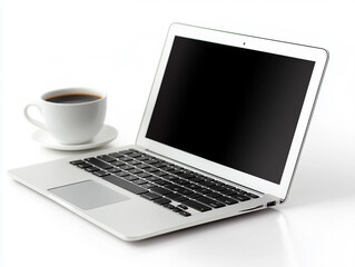 Fototapeta premium A laptop is open on a table with a white coffee cup next to it