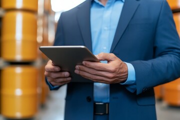 Business professional using tablet in industrial storage facility among yellow barrels. The setting suggests a focus on logistics or inventory management.
