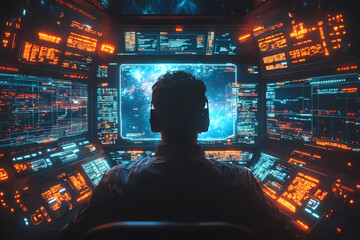 pilot navigating a radiant holographic aircraft through a virtual galaxy