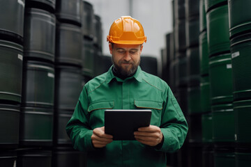 Worker in green uniform and hard hat checks inventory on tablet in warehouse filled with storage containers
