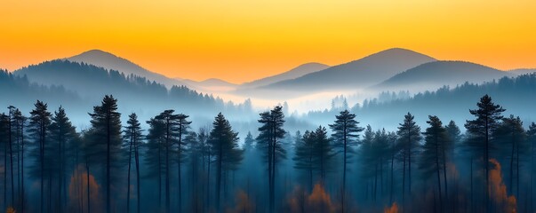 Fototapeta premium Serene Sunrise: Misty Mountain Forest Panorama