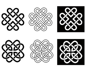 Medieval Celtic knot tattoo set. Celtic, Irish knots ornament. Celtic symbols, endless knot shape icon, infinite spirit unity symbol, pagan circle tribal symbols graphics isolated