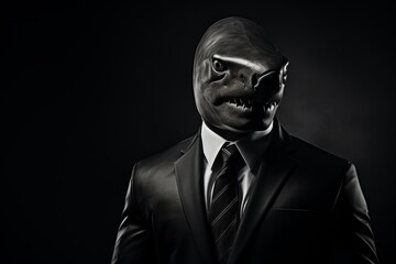 A shark dressed in a classic business suit, merging power and elegance in the corporate world