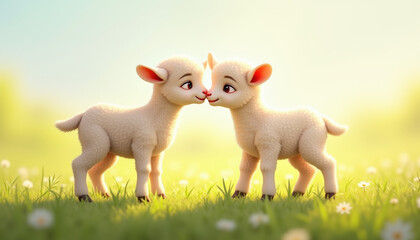 Fototapeta premium Lambs Cuddling in the Meadow