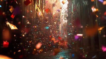 Brightly colored confetti floating midair creating a lively and festive scene