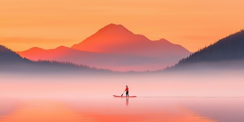 Paddleboarder gliding through calm waters at sunrise dramatic low-angle action shot serene nature environment