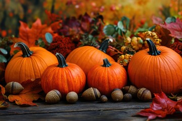Naklejka premium Vibrant Fall Table Decor with Pumpkins, Acorn Decorations, and Rich Autumn Colors