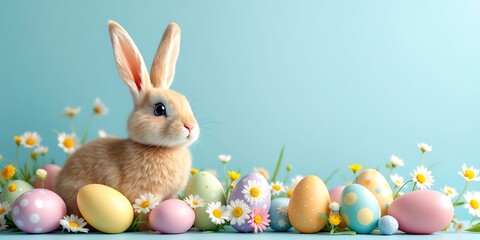 Adorable Easter Bunny with Pastel Eggs and Flowers