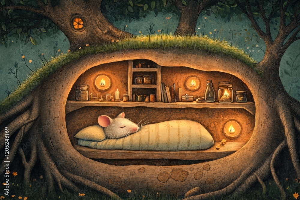 Poster cozy woodland abode features a sleeping mouse nestled in a tree trunk surrounded by warm lights and 