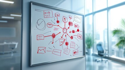 Workflow diagram visualizing project plans office space bright environment side angle perspective