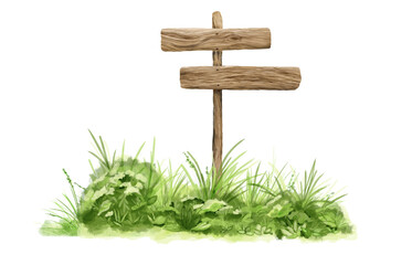 Wooden signpost signpost on a pole in the bushes and green grass. Watercolor digital illustration. Spring greenery and nature landscape isolated on white background. Cute wooden signboard on nails