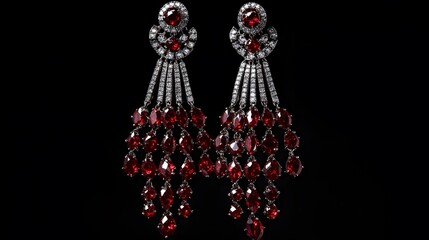 Elegant Red Gemstone Earrings with Diamond Accents on Black Background