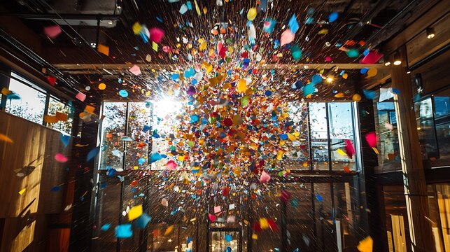 A lively burst of colorful confetti in midair celebrating a joyous occasion