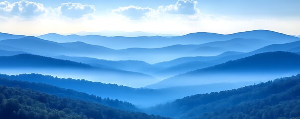 Fototapeta premium Serene Blue Ridge Mountains: A Misty, Panoramic Landscape