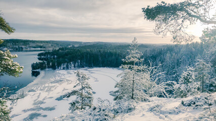 a winter landscape where a beautiful lake stretches across the scene. The center of the lake is still open water, reflecting the gray winter sky and the snow-covered trees that line its edges. On one 