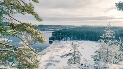 a winter landscape where a beautiful lake stretches across the scene. The center of the lake is still open water, reflecting the gray winter sky and the snow-covered trees that line its edges. On one 