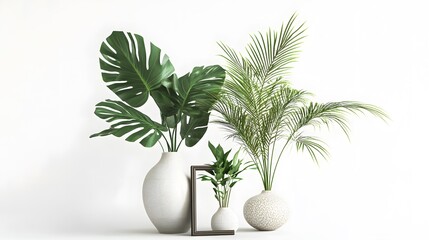 Tropical Plants Arranged in Elegant White Vases