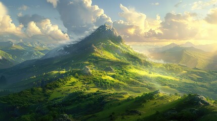 A picturesque scene unfolds as a small mountain covered in verdant grass shimmers under the golden rays of the sun, painting the landscape with a palette of natural beauty.