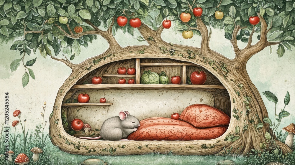 Poster Cozy mouse nest nestled in an apple tree surrounded by lush greenery. Generative AI