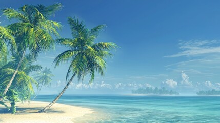 Naklejka premium Tropical beach paradise, palm trees, ocean, island, sunny sky, vacation