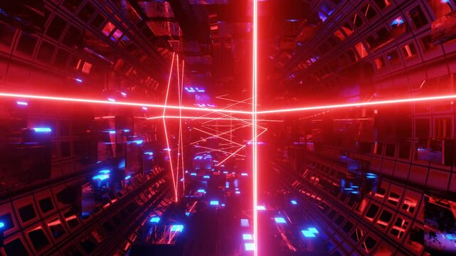 Hi-tech neon sci-fi tunel. Trendy neon glow lines form pattern and construction in mirror tunnel. Beautiful neon tunnel. Fly through technology cyberspace. 3d looped seamless 4k bright youth bg. Laser