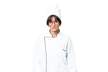Young caucasian chef  woman over isolated chroma key background laughing