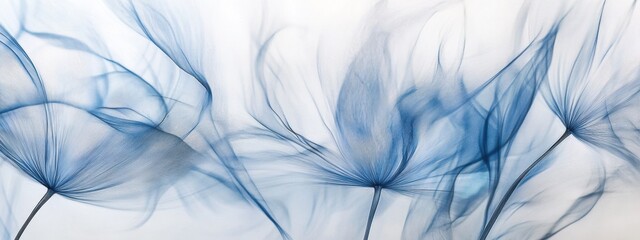 Delicate dandelion seeds display ethereal beauty with soft blue tones against a white background, symbolizing growth and freedom in nature's serene artistry