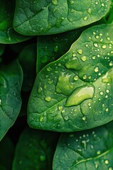 Fresh spinach leaves glistening with water droplets showcase vibrant greens and intricate textures in a neutral background setting